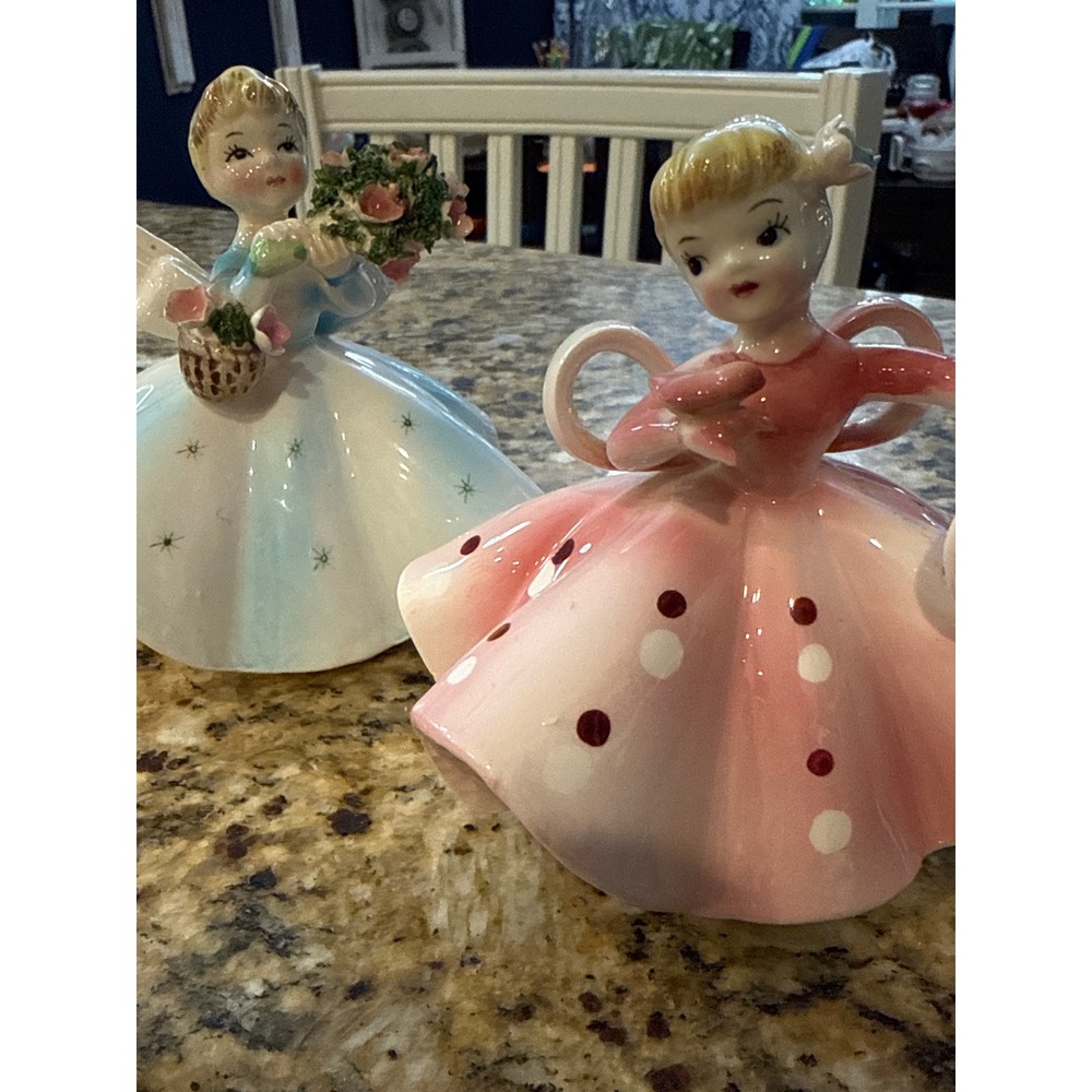 Vintage JLC Japan Ceramic Girl Figurines Pink Polka Dot Blue Starburst Set of 2